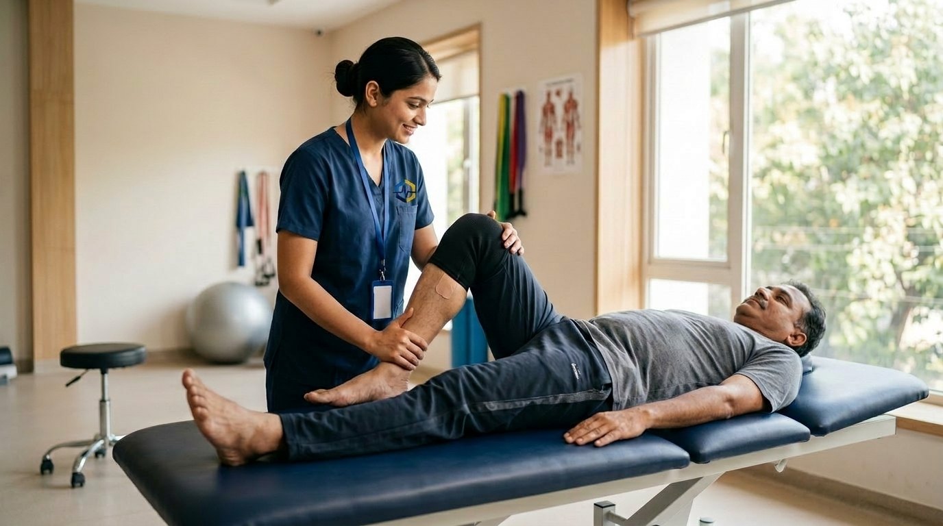 Physiotherapist guiding a patient through a rehabilitation exercise
